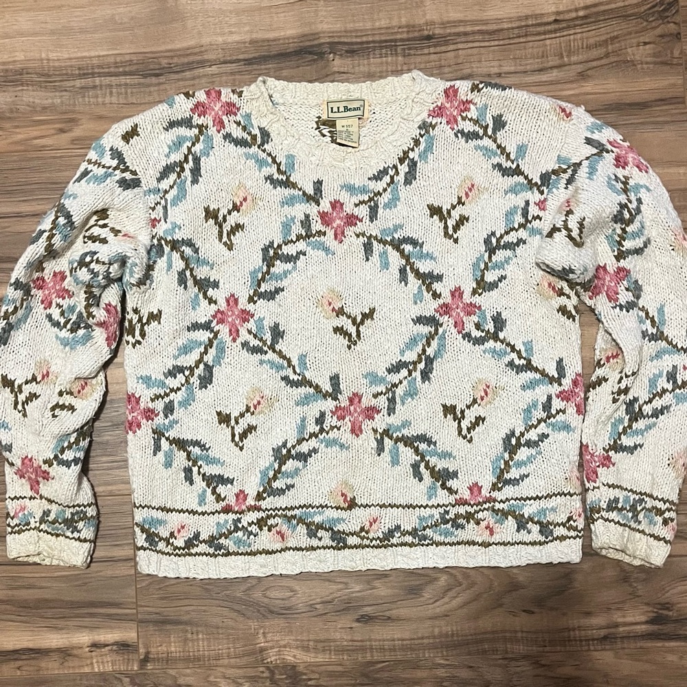 Vintage L.L. Bean Women's Floral Sweater - Cream, Pink, and Blue